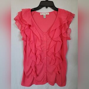 French Laundry Pink button-down ruffle vneck size Medium short sleeve blouse